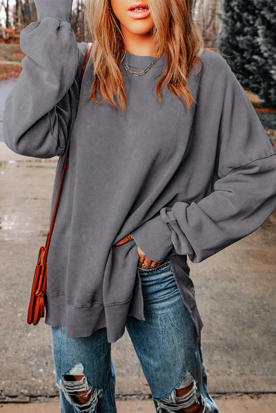 Gray Drop Shoulder Ribbed Trim Oversized Sweatshirt