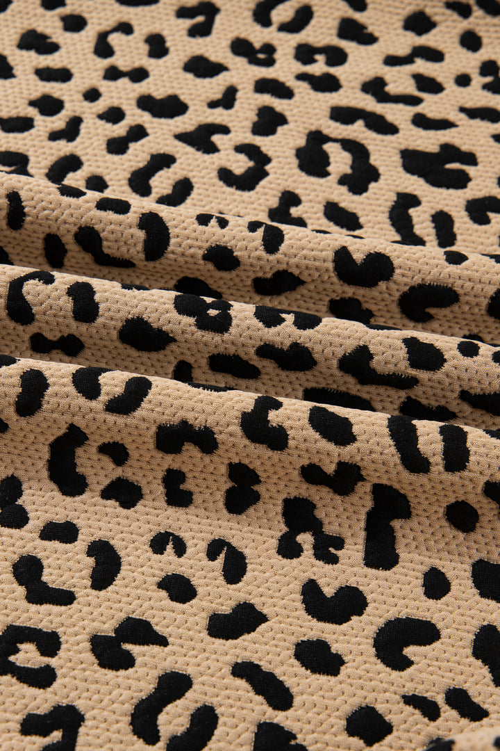 Parchment Leopard Polo Collar V Neck Pullover Top