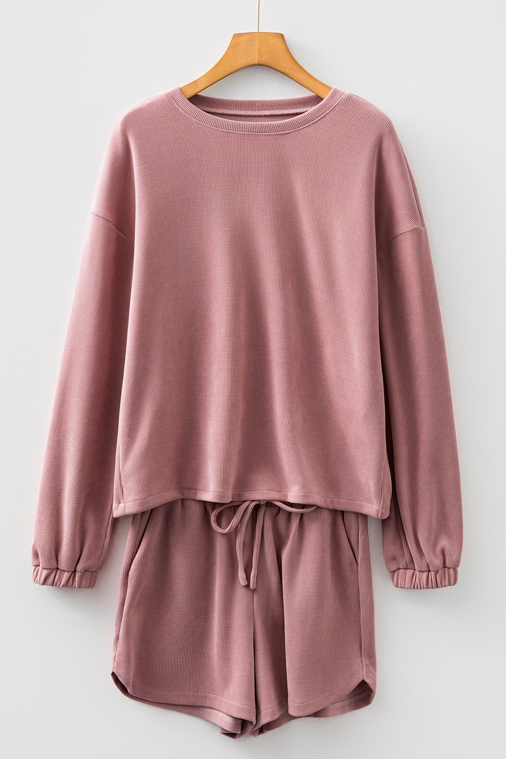 Fushia Solid Color Textured Knit Drop Shoulder Pullover Drawstring Shorts Set