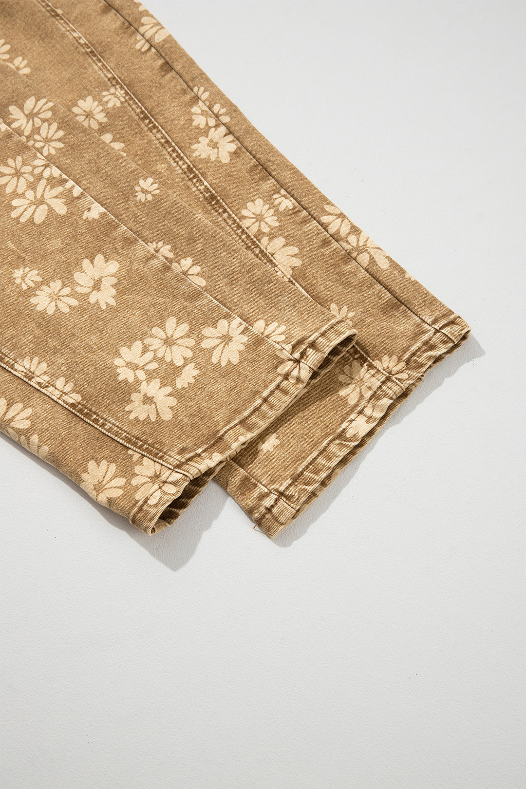 Khaki Floral Print Metal Button Pleated Straight Leg Jeans