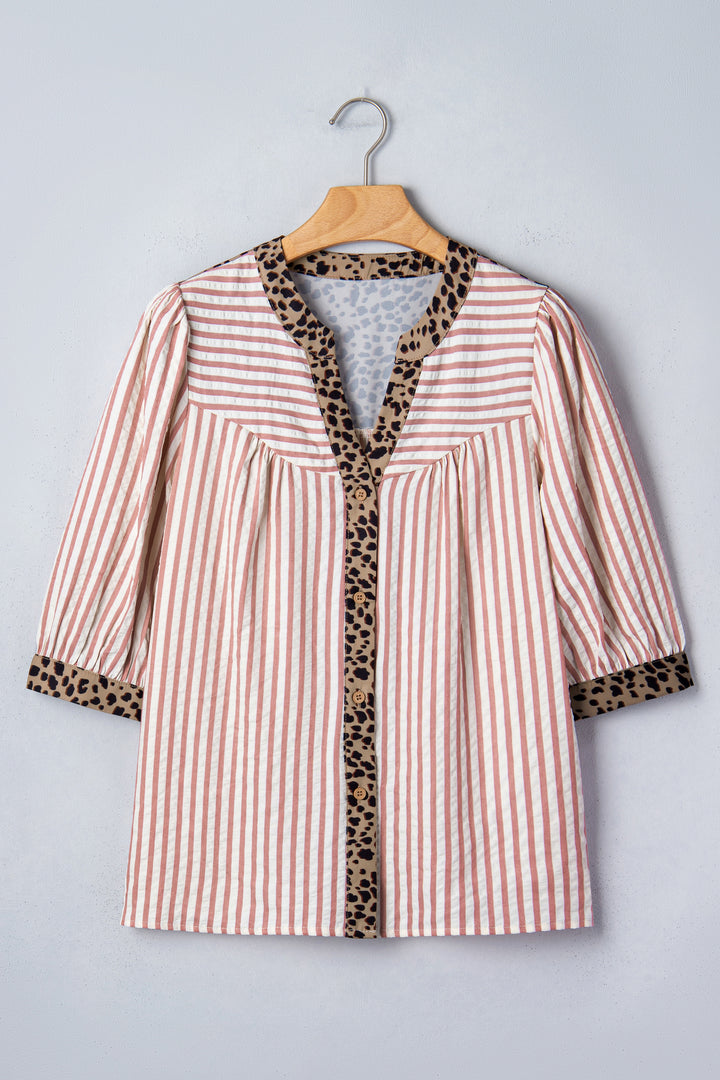 Pink Stripe Leopard Trim V Neck Button Down Half Sleeve Shirt
