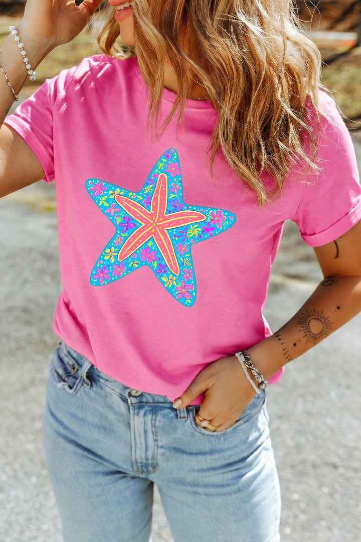 Sachet Pink Floral Starfish Printed Casual Round Neck Tee