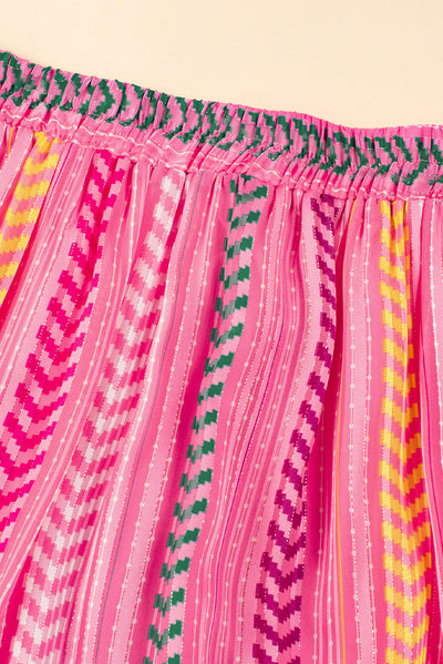 Pink Boho Printed Tasseled Drawstring Ruffled Maxi Skirt