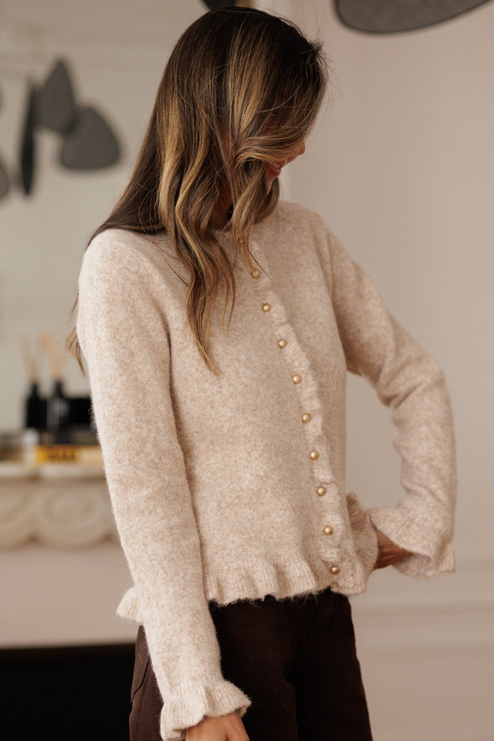 Oatmeal Ruffle Trim Gold Button Sweater Cardigan