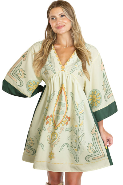 Multicolour Boho Print V Neck Empire Waist Short Kimono Dress