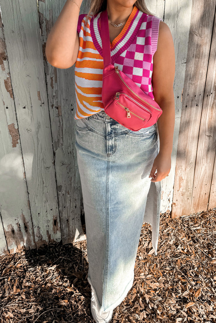 Yellow Striped Checkered Contrast Patchwork V Neck Sweater Vest
