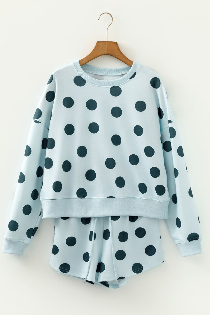 Sky Blue Polka Dot Print Drop Shoulder Pullover Drawstring Shorts Set
