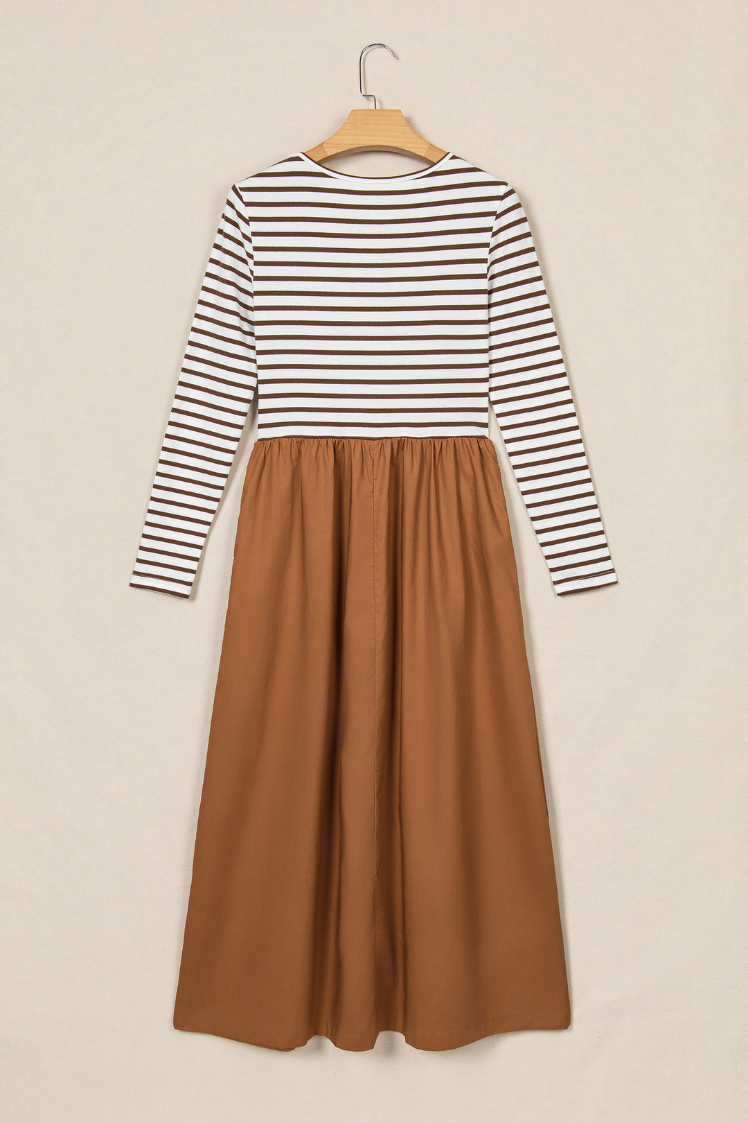 Brown Stripe Ribbed Knit Long Sleeve Bodice Contrast Patchwork Flared Dress