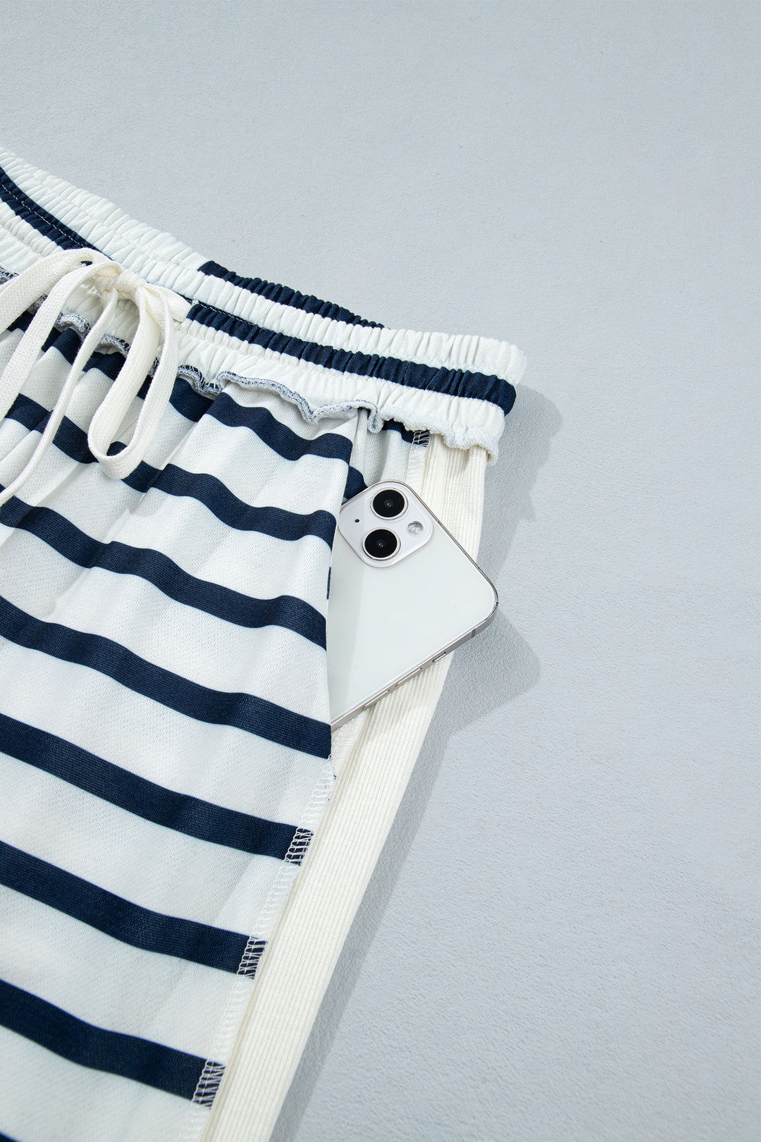Blue Stripe Striped Ribbed Cuff Collar Pocket Loose Pant Set