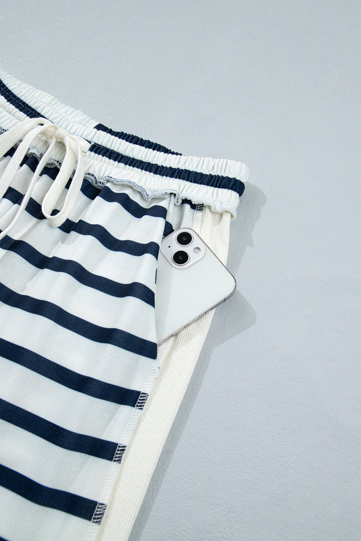 Blue Stripe Striped Ribbed Cuff Collar Pocket Loose Pant Set