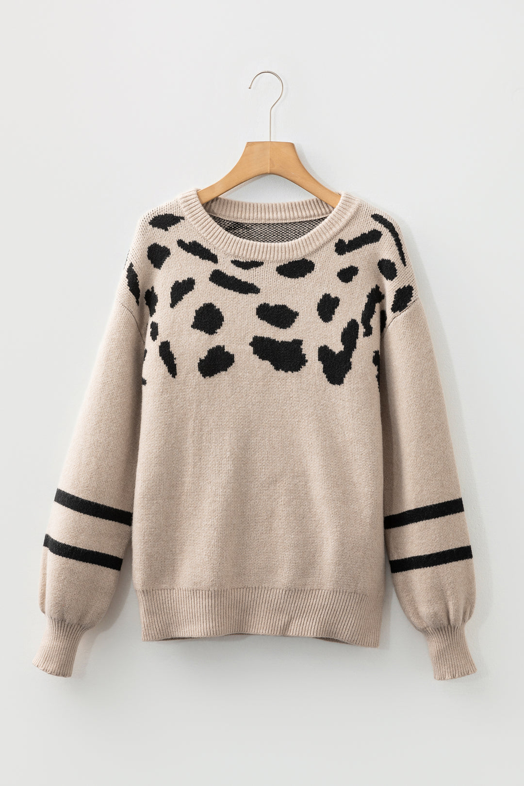 Khaki Leopard Striped Detail Drop Shoulder Sweater