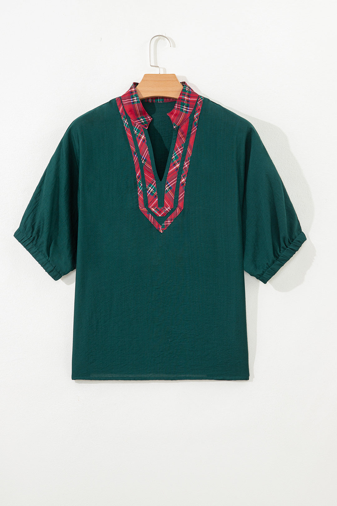 Evergreen Contrast Plaid Patchwork V Neck Half Sleeve Blouse