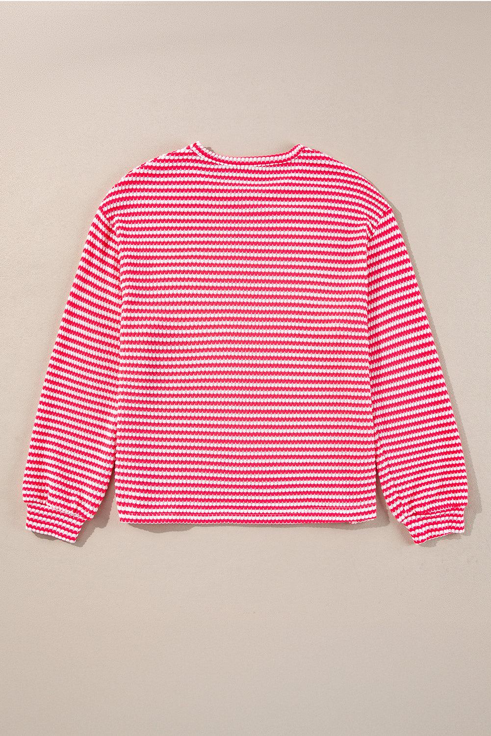 Rose Stripe Round Neck Drop Shoulder Long Sleeve Top