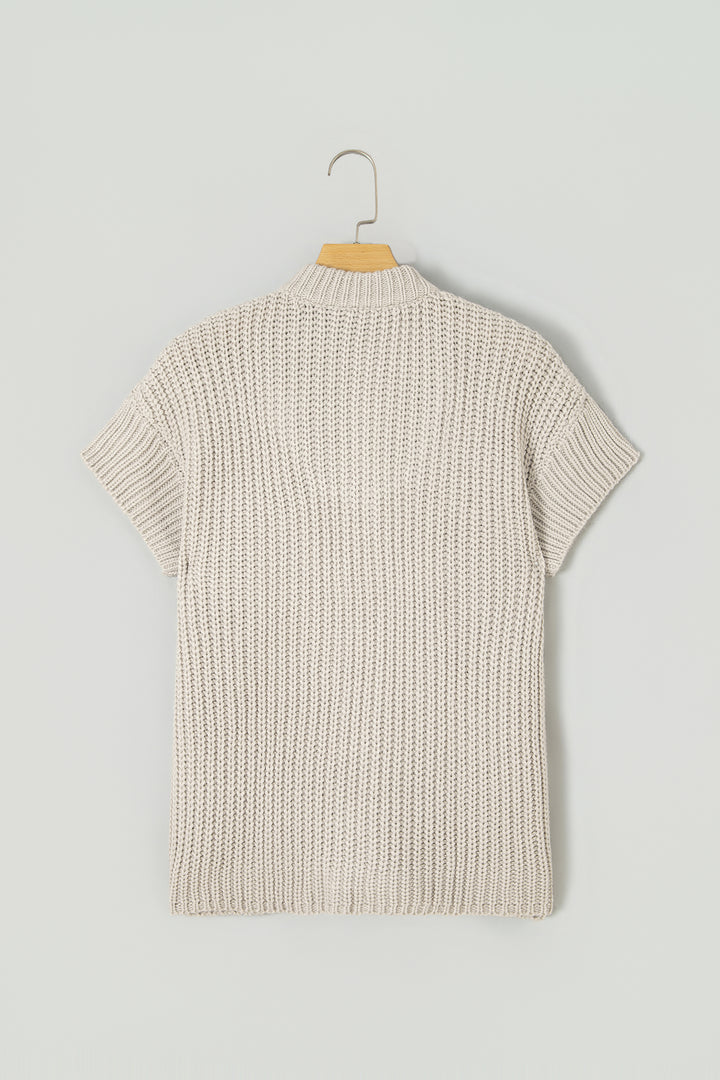Jet Stream Solid Color Short Sleeve Zipper Knit High Neck Sweater