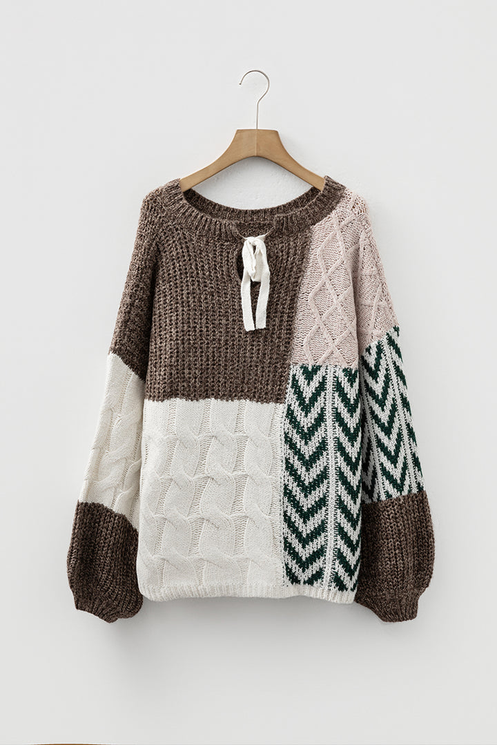 Brown Color Block Patchwork Knotted Back Loose Fit Sweater