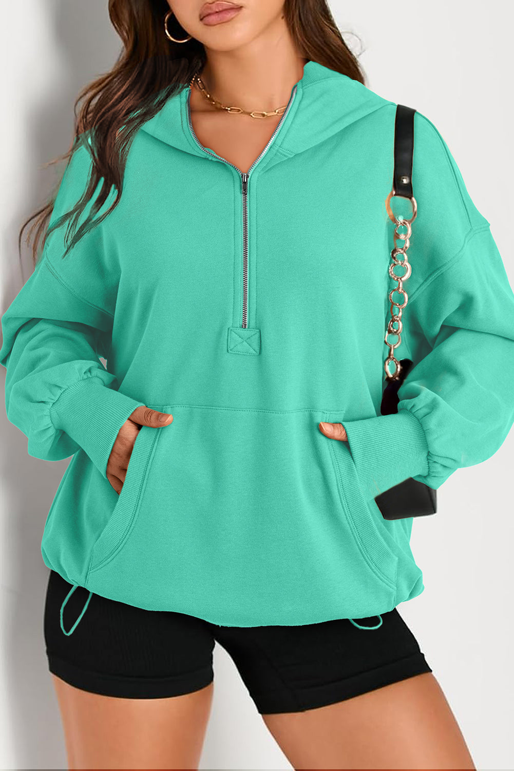 Aruba Blue Solid Kangaroo Pocket Half Zipper Oversized Hoodie