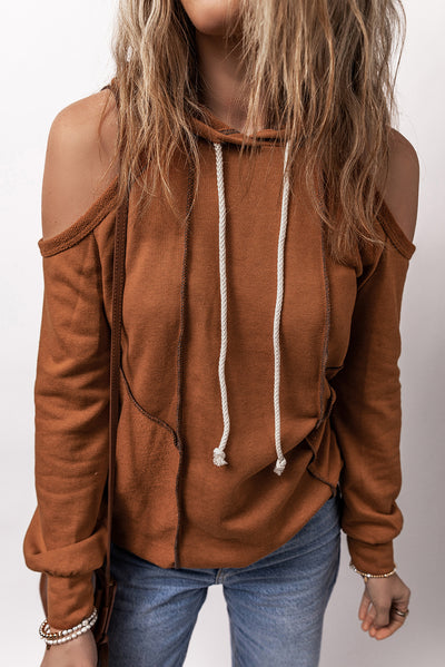 Cinnamon Exposed Seam Cold Shoulder Drawstring Hoodie