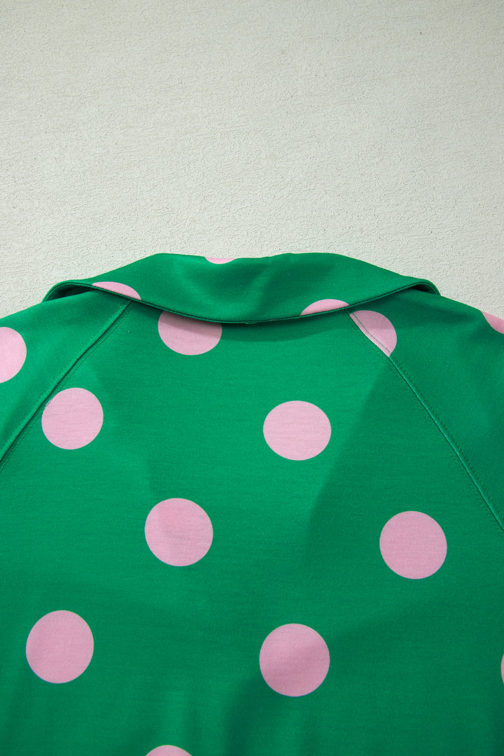 Beige Polka Dot Print V Neck Tee Short Set