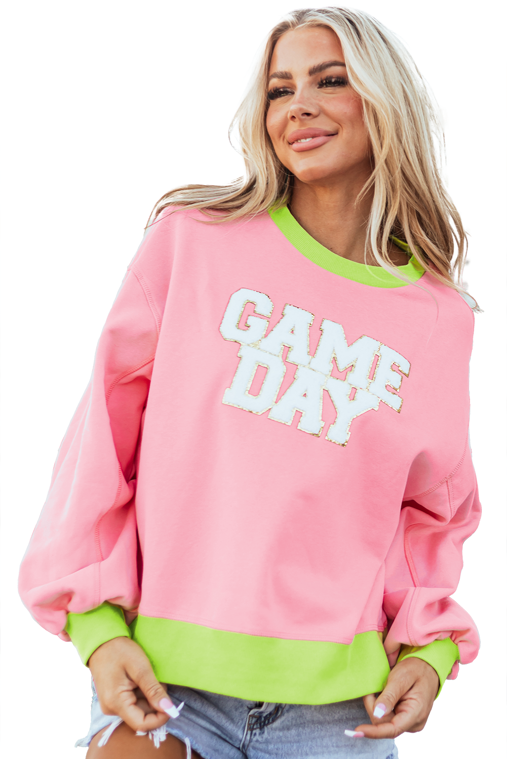 Pink GAME DAY Glitter Color Block Crew Neck Sweatshirt