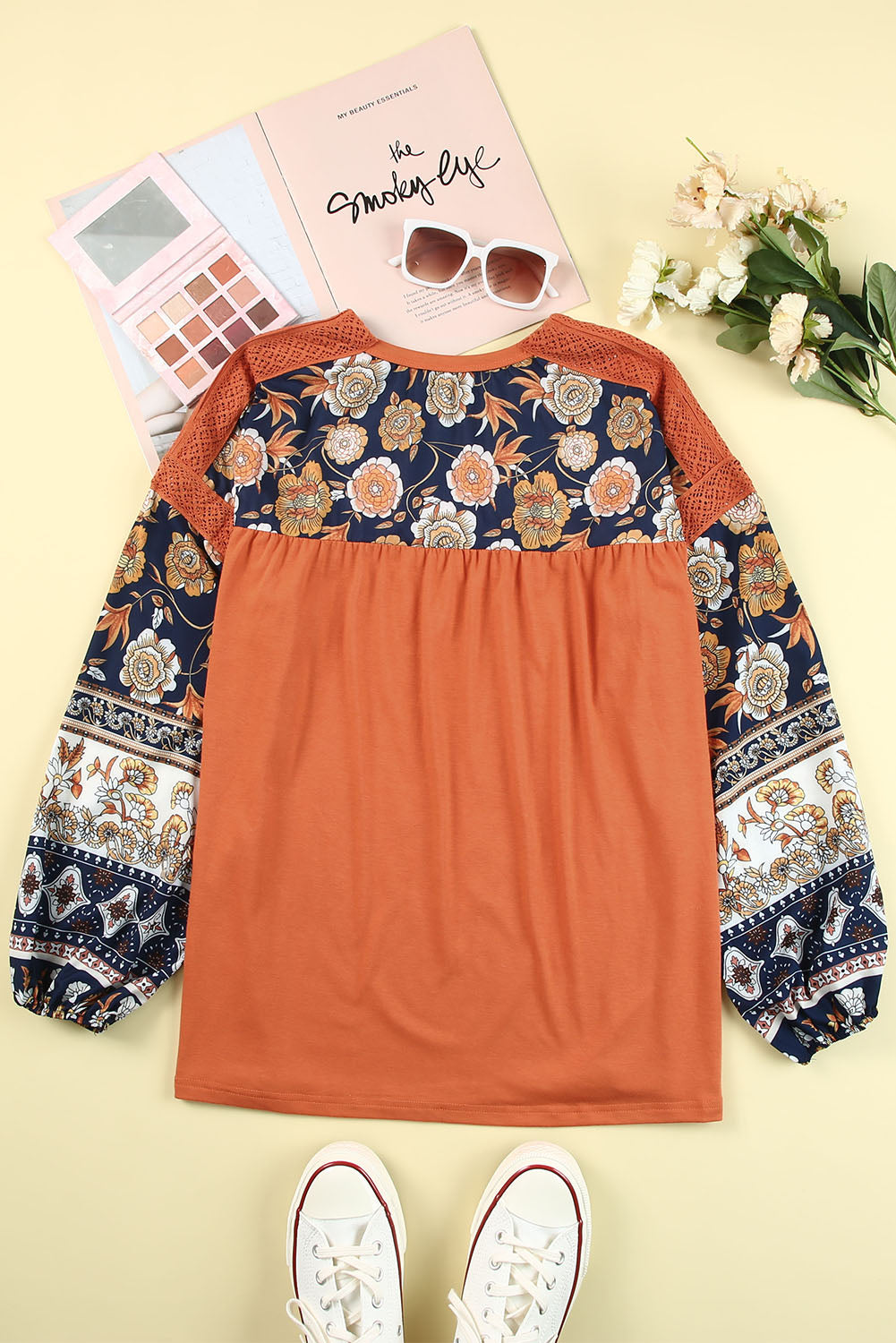 Brown Boho Floral Print Balloon Sleeve Top with Lace Details