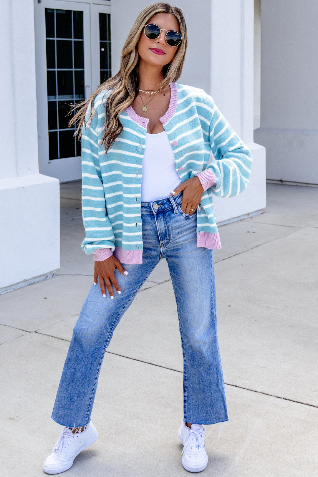 Sky Blue Stripe Contrast Trim Button Down Casual Sweater Cardigan