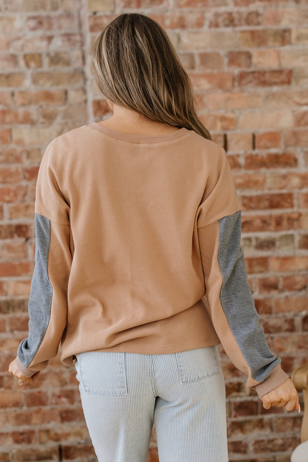 Buckskin Color Block Thermal Textured Knit Drop Shoulder Henley Top