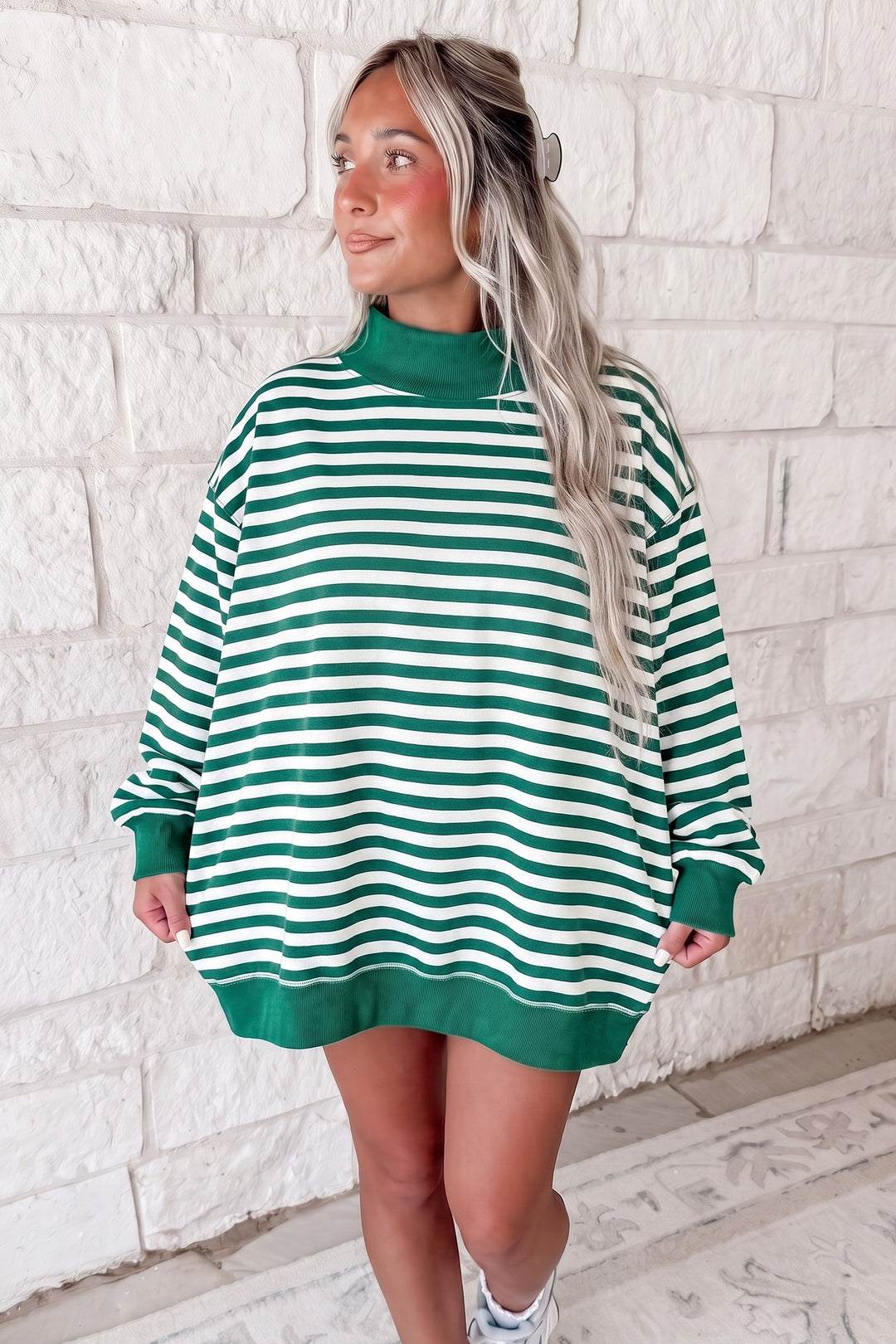 Gray Stripe Cozy Mock Neck Oversized Tunic Sweatshirt