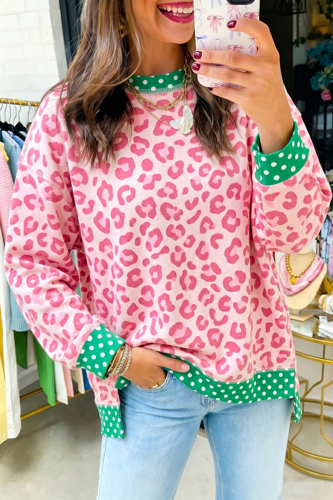 Khaki Leopard Polka Dot Colorblock Trim Long Sleeve Top