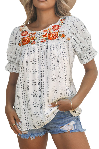 White Floral Embroidered Ethnic Printed Crinkle Blouse