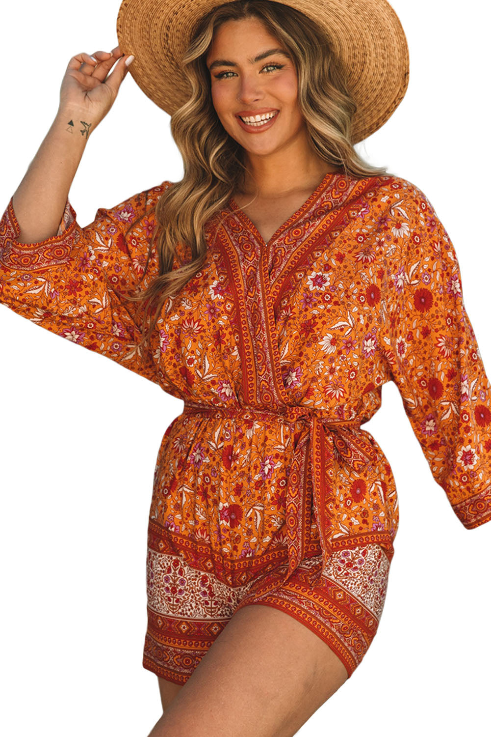 Orange Boho Floral Wrap V Neck Tie Waist Romper