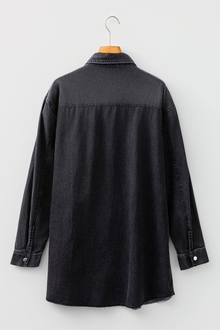 Medium Grey Beau Chest Pocket Raw Hem Denim Loose Shirt Dress