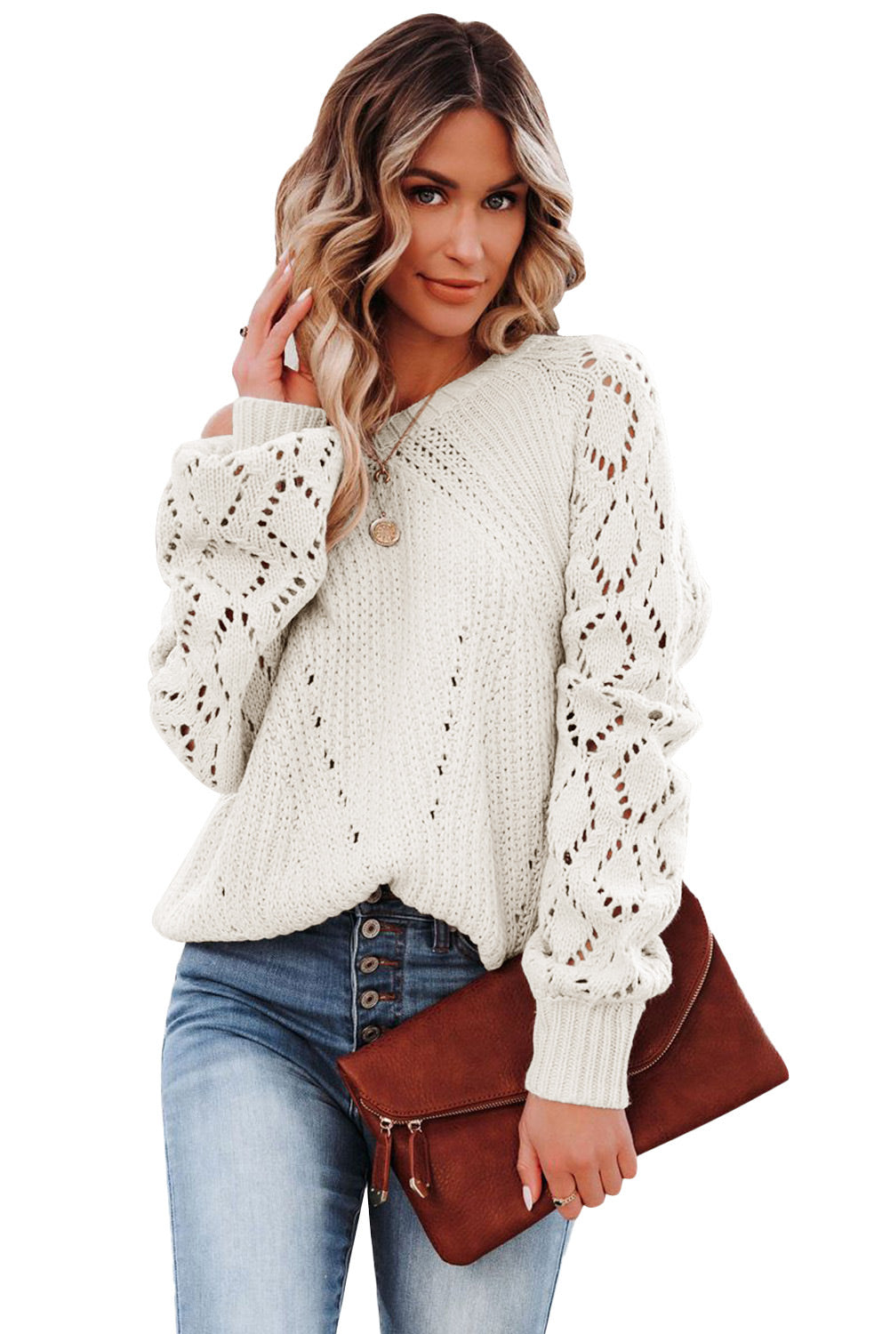 White Hollow-out Puffy Sleeve Knit Sweater