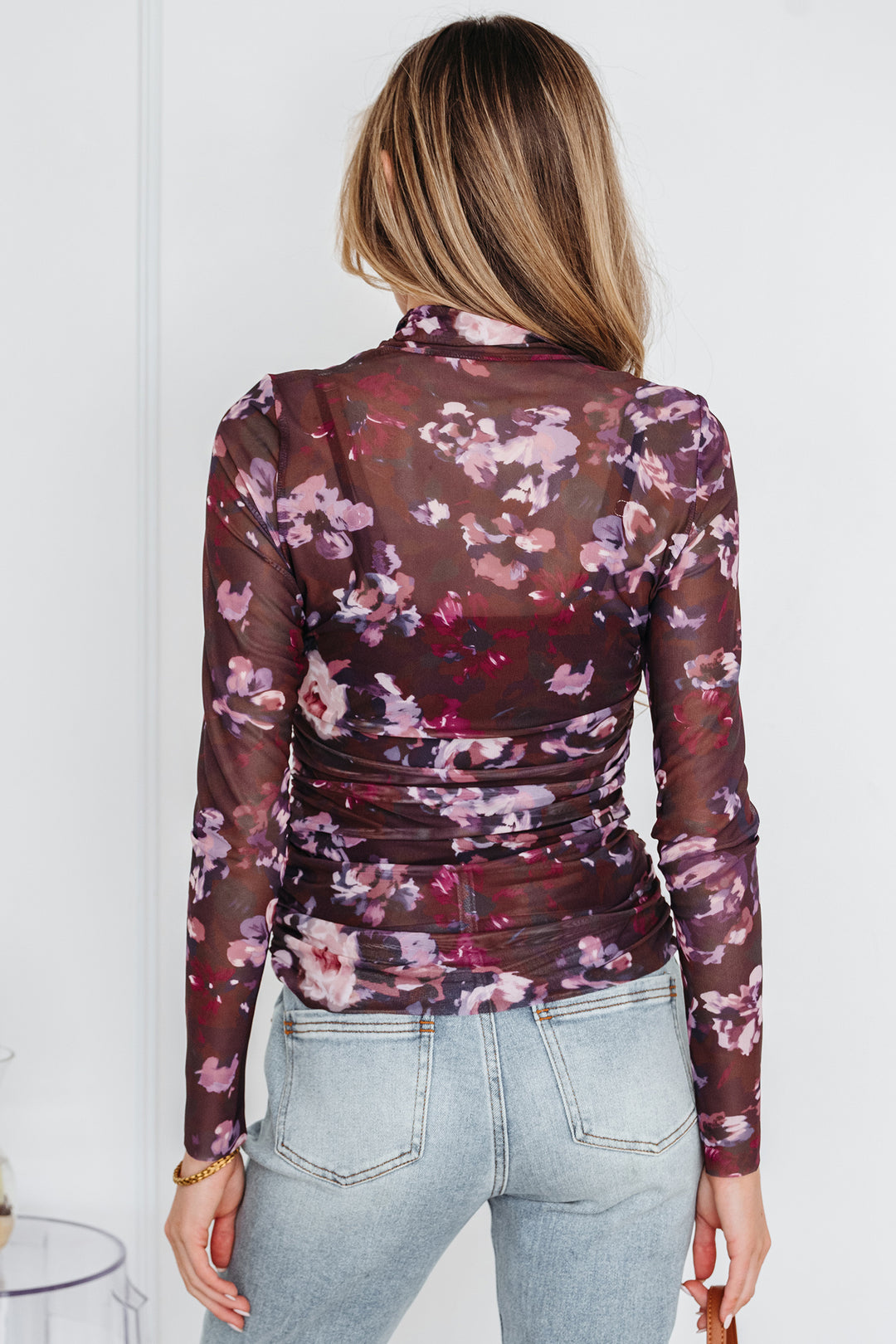 Brown High Neck Ruched Floral Mesh Top