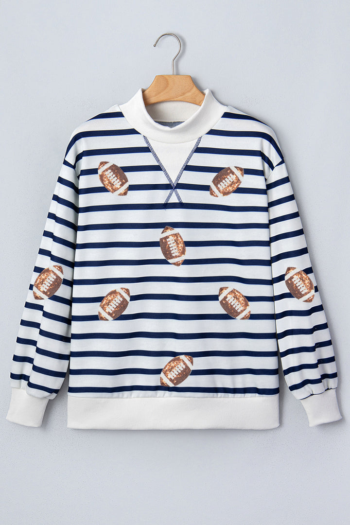 Blue Stripe Sequin Rugby Print Mock Neck Casual Sweatshirt
