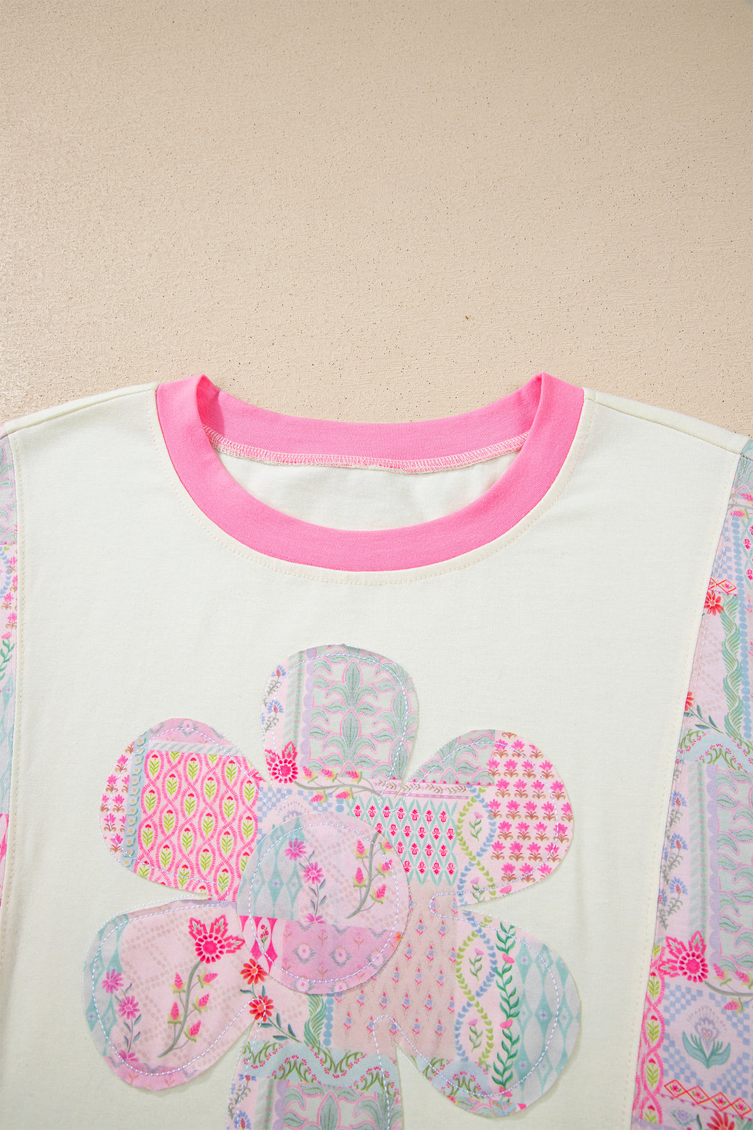 Beige Color Block Floral Patchwork Big Flower Accent Relaxed Top