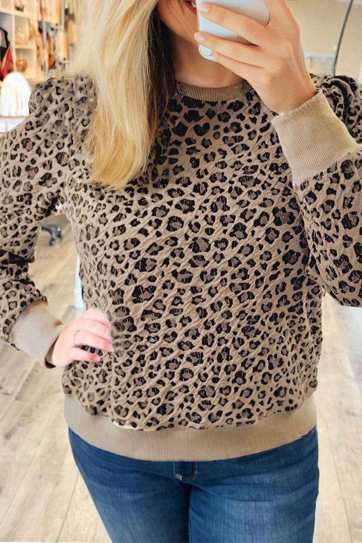 Khaki Leopard Textured Ribbed Trim Plus Size Long Sleeve Top
