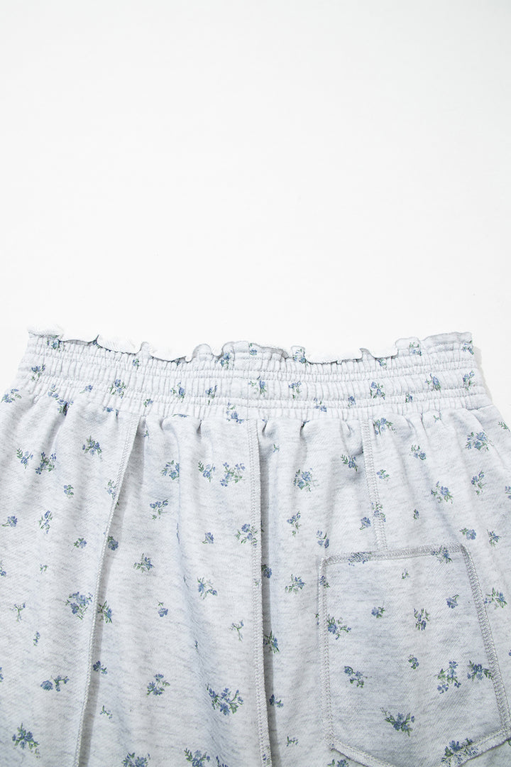 Gray Floral Print Elastic Waist Regular Fit Pants