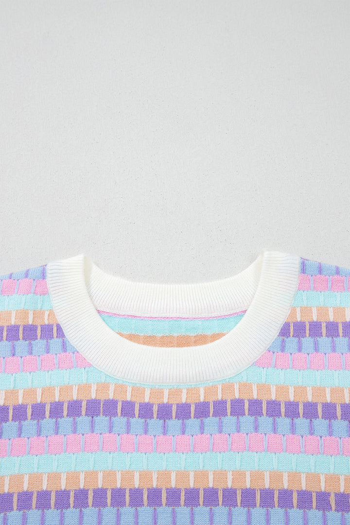Orange Abstract Striped Knit Short Sleeve Sweater