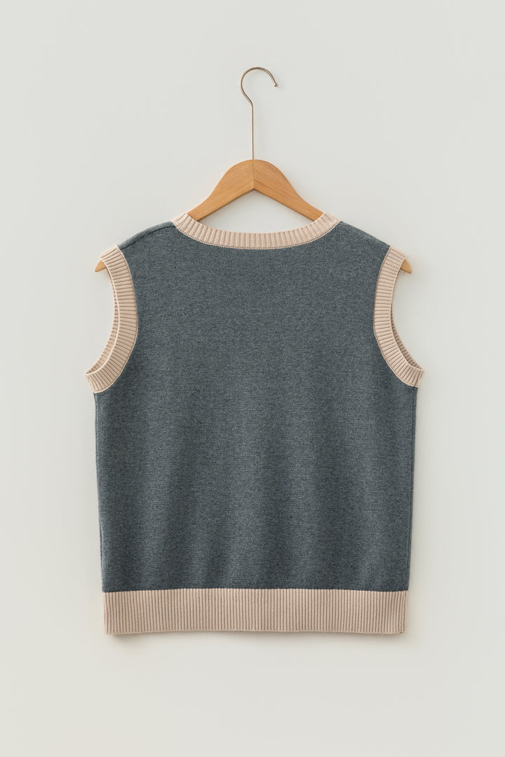 Khaki Western Print Colorblock Sleeveless Knit Vest Regular Length