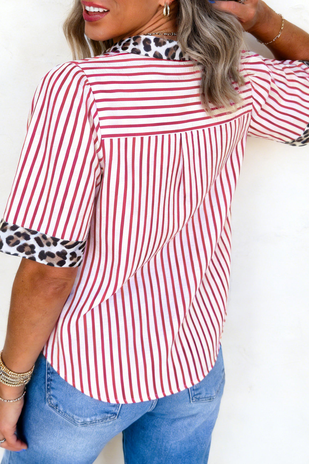 Red Stripe Leopard Contrast Trim Half Button Blouse