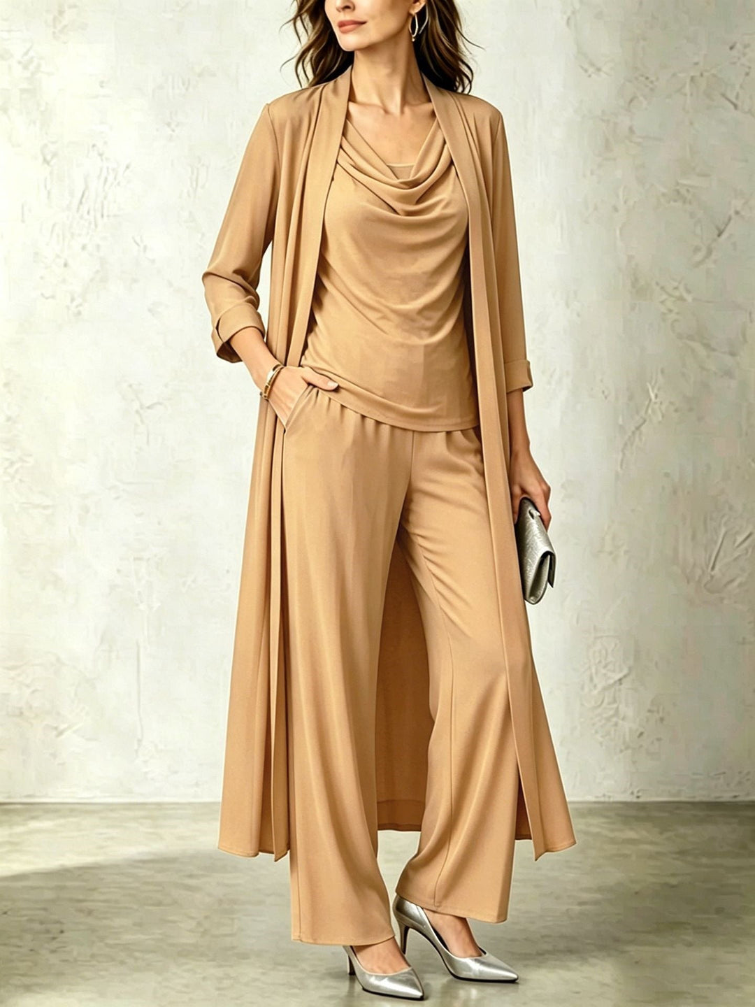 Long Sleeve Swing Collar Cardigan &amp; Wide-Leg Pants Three-Piece Set