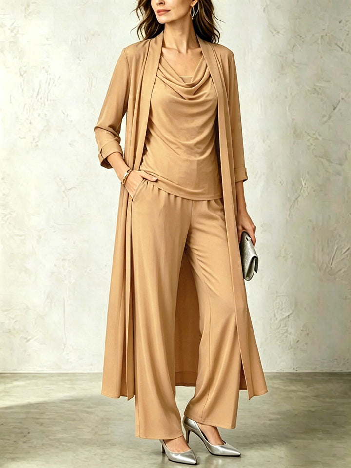 Long Sleeve Swing Collar Cardigan &amp; Wide-Leg Pants Three-Piece Set
