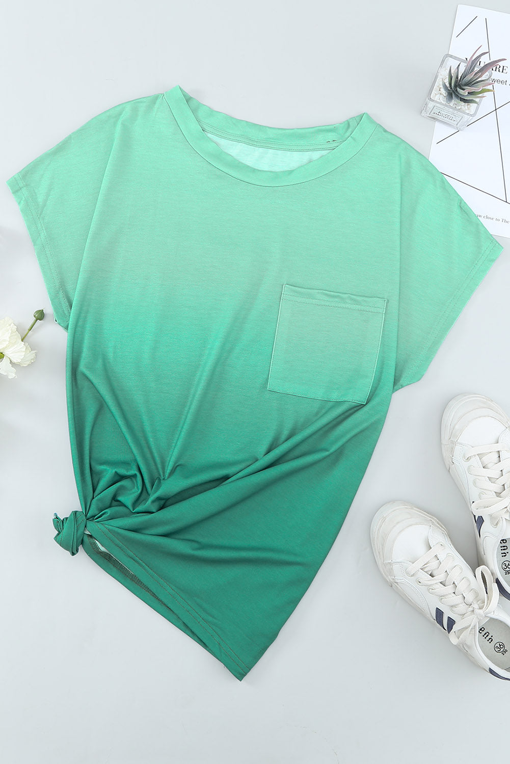 Green Gradient Color Short Sleeve T-Shirt with Pocket