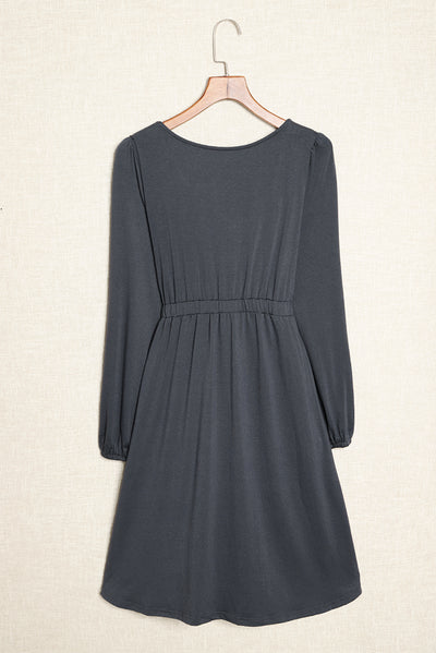 Gray Button Up High Waist Long Sleeve Dress