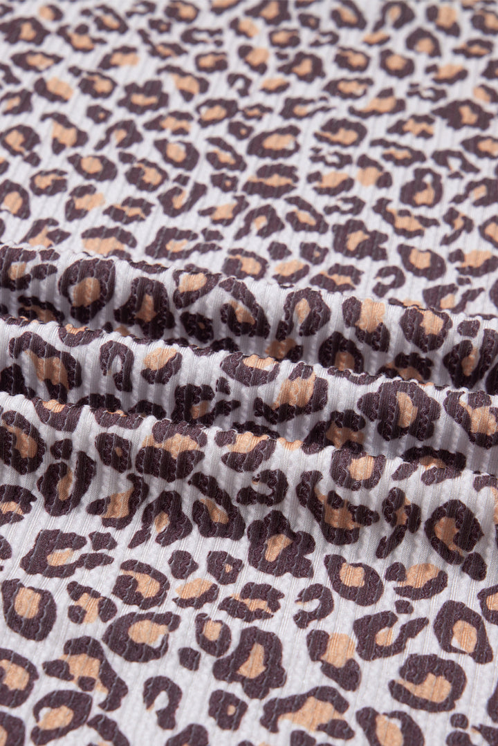 Khaki Leopard Ribbed Long Sleeve Top Drawstring Shorts 2pcs Outfit