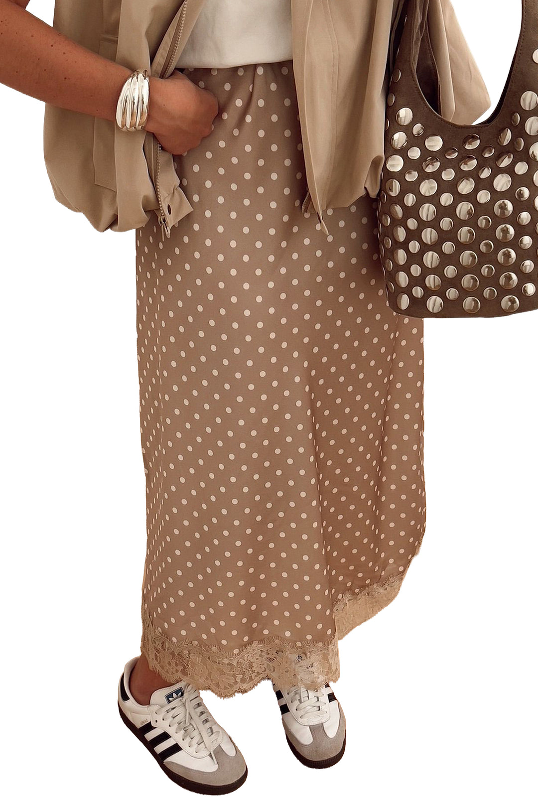 Brown Polka Dot Lace Hem Elegant Long Shift Skirt
