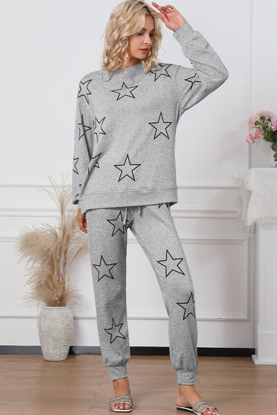 Gray Stars Print Long Sleeve Drawstring High Waist Lounge Set