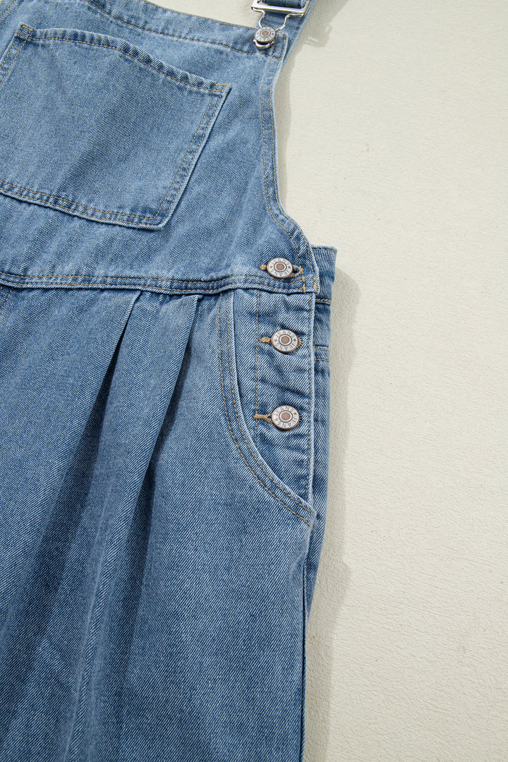 Dusk Blue Pleated Wide Leg Retro Pocketed Denim Jumpsuit