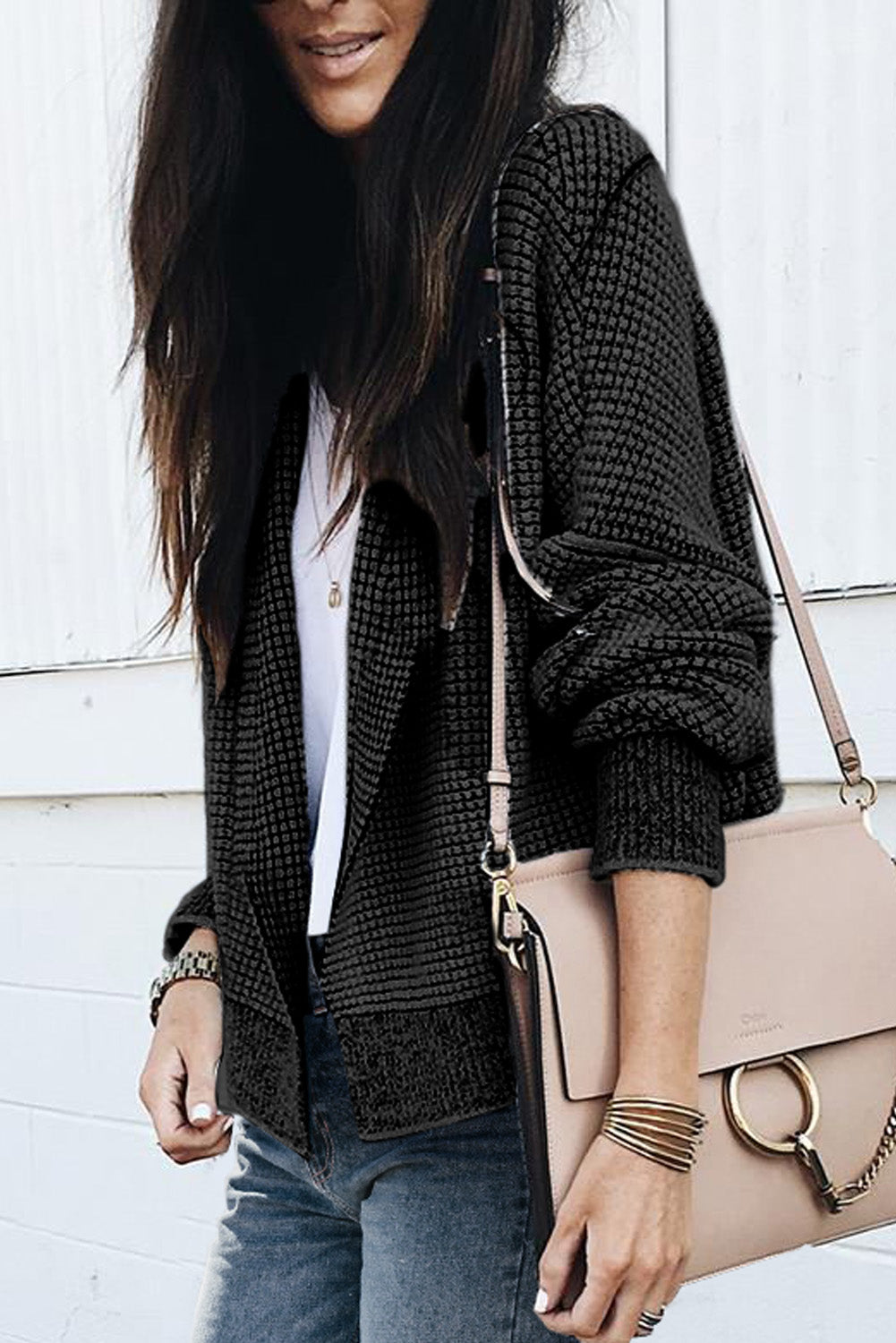 Grey Plaid Contrast Trim Open Front Cardigan