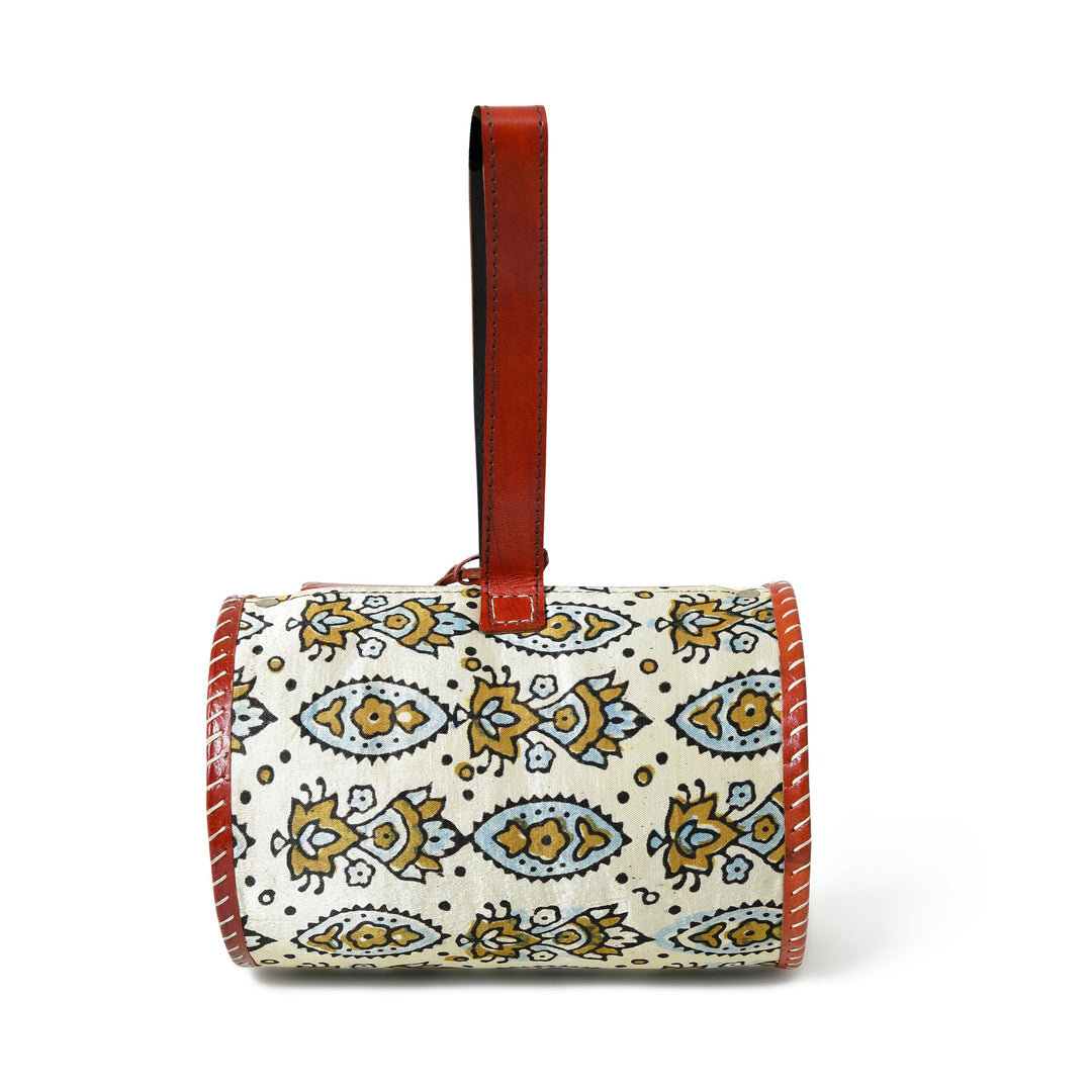 Cylindrical Block Printed Leather Bag